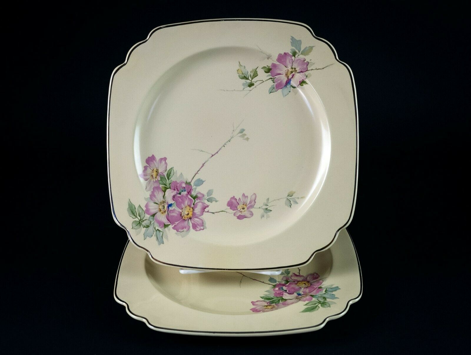 Homer Laughlin Briar Rose Square Luncheon Plates 2 Pc Set, Vintage 1930s 8 3/4"