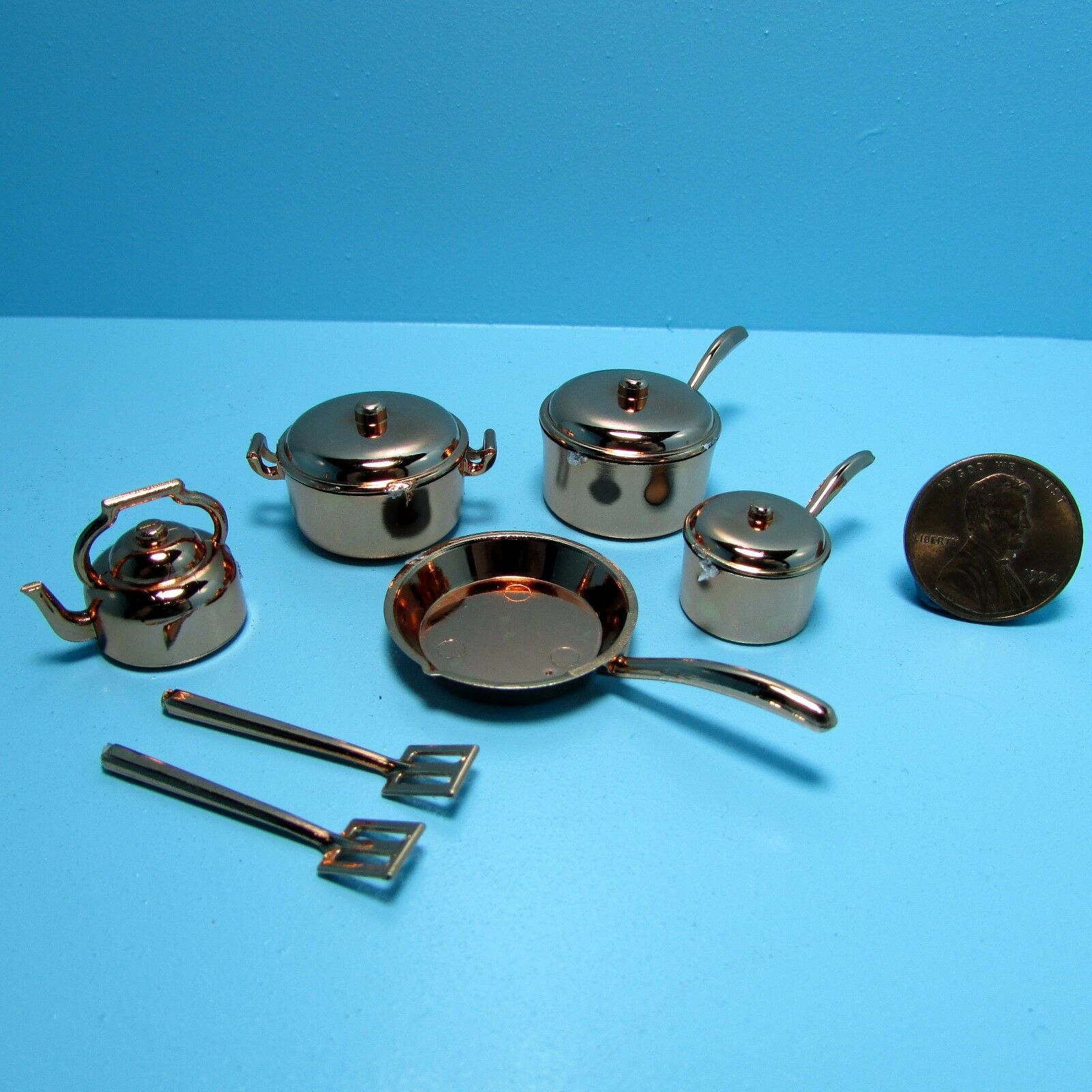 Dollhouse Miniature Complete Kitchen Cookware Set Pot Pan Spatula Copper G6209
