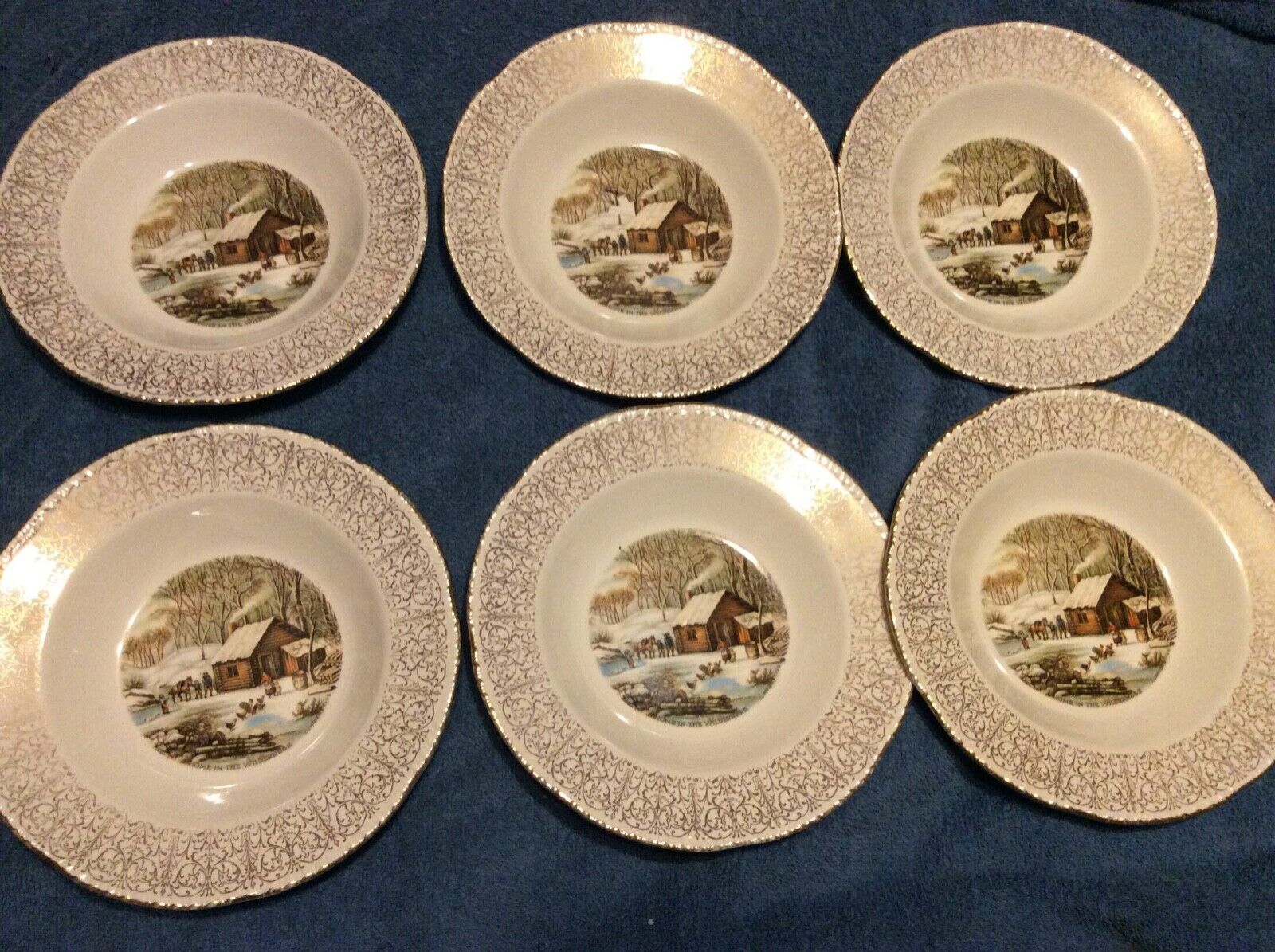 6- Soup & Salad Bowls Homer Laughlin  Home In The Wilderness Currier  & Ives
